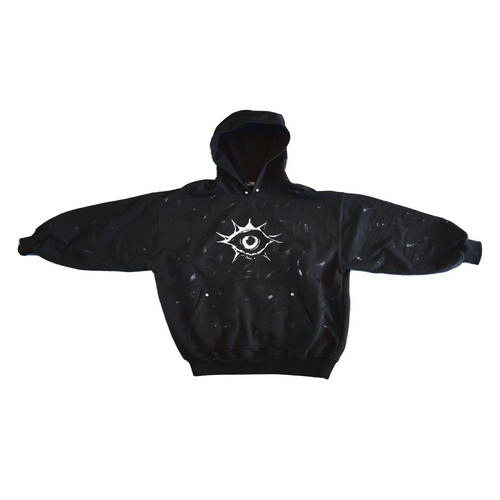 Black Trips streetwear hoodie, oversized fit, made of heavy-weight 500 gsm organic cotton featuring a central logo and manual spray finish.