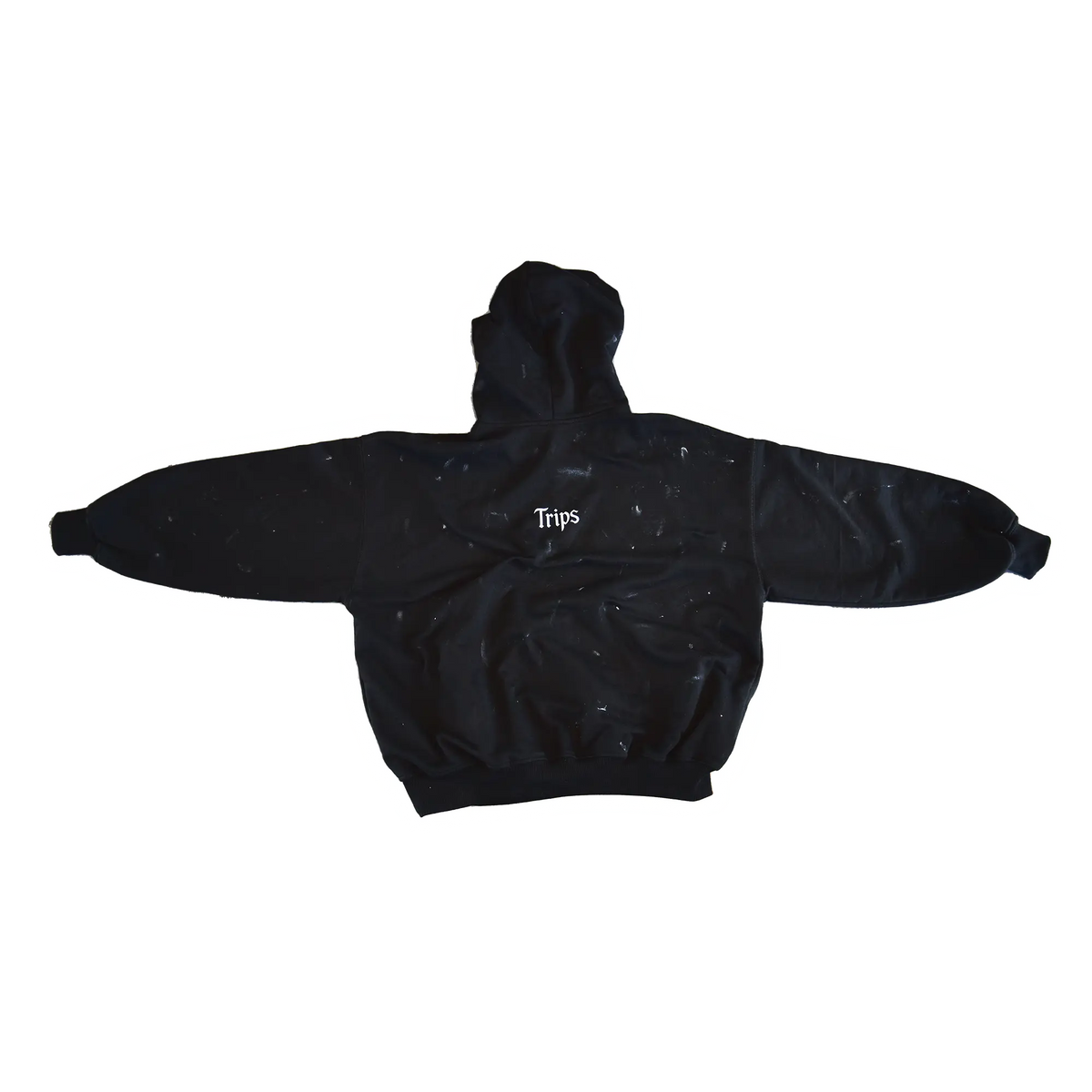 Back view of the black Trips oversized hoodie, highlighting the baggy fit and heavy drape.